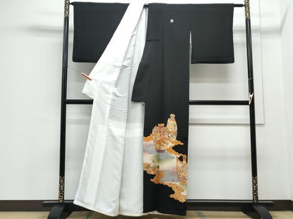 平和屋着物■豪華黒留袖 駒刺繍 陶器花文 金彩 正絹 逸品 CABE6708th