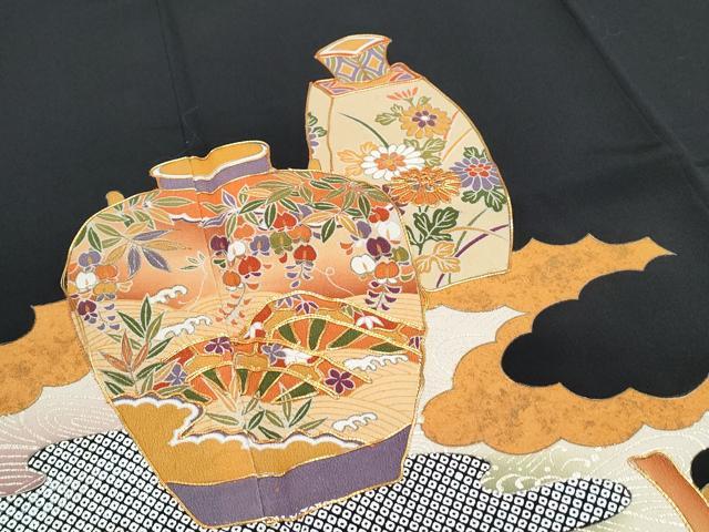 平和屋着物■豪華黒留袖 駒刺繍 陶器花文 金彩 正絹 逸品 CABE6708th