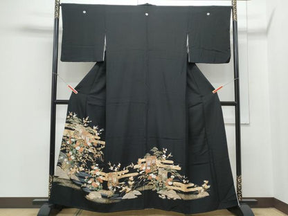 平和屋着物■豪華黒留袖 駒刺繍 御所車花文 金彩 正絹 逸品 CABE6711th