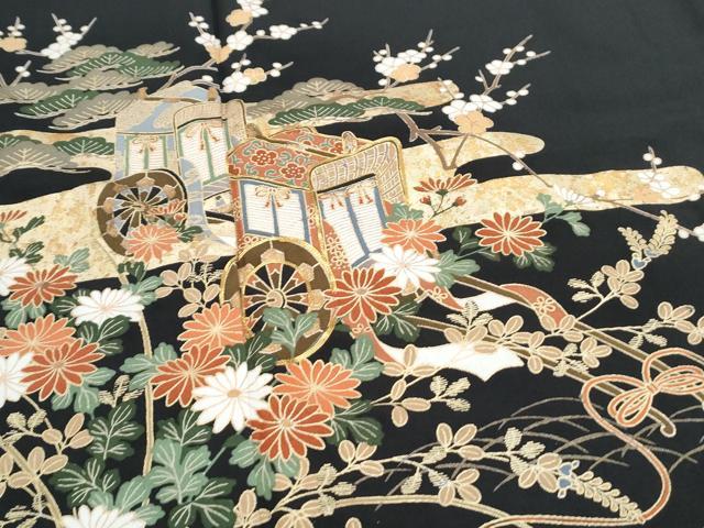 平和屋着物■豪華黒留袖 駒刺繍 御所車花文 金彩 正絹 逸品 CABE6711th