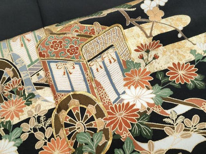 平和屋着物■豪華黒留袖 駒刺繍 御所車花文 金彩 正絹 逸品 CABE6711th