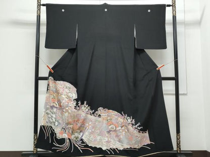 平和屋着物■豪華黒留袖 駒刺繍 御所車桧扇花文 金彩 正絹 逸品 CABE6712th