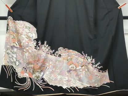 平和屋着物■豪華黒留袖 駒刺繍 御所車桧扇花文 金彩 正絹 逸品 CABE6712th