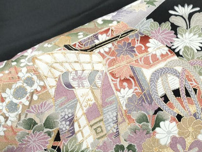 平和屋着物■豪華黒留袖 駒刺繍 御所車桧扇花文 金彩 正絹 逸品 CABE6712th
