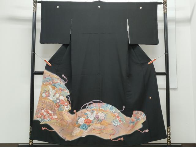 平和屋着物■豪華黒留袖 駒刺繍 扇面飛鶴花文 暈し染め 金彩 正絹 逸品 CABE6714th