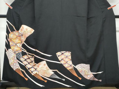平和屋着物■豪華黒留袖　駒刺繍　扇面双鶴花文　金彩　正絹　逸品　CABE6772th