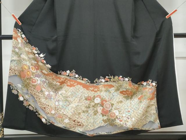 平和屋着物■豪華黒留袖　駒刺繍　流水草花文　金彩　正絹　逸品　CABE6790th