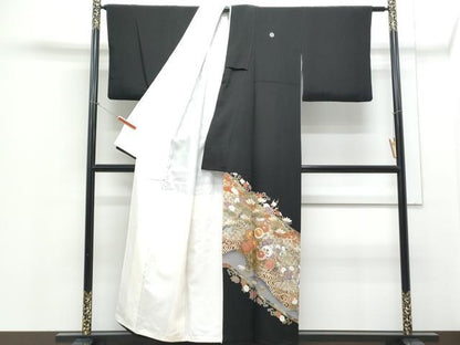 平和屋着物■豪華黒留袖　駒刺繍　流水草花文　金彩　正絹　逸品　CABE6790th