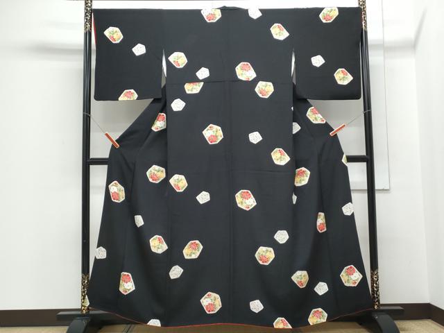 平和屋着物■上質な小紋 草花文 黒地 正絹 逸品 CABE6793th