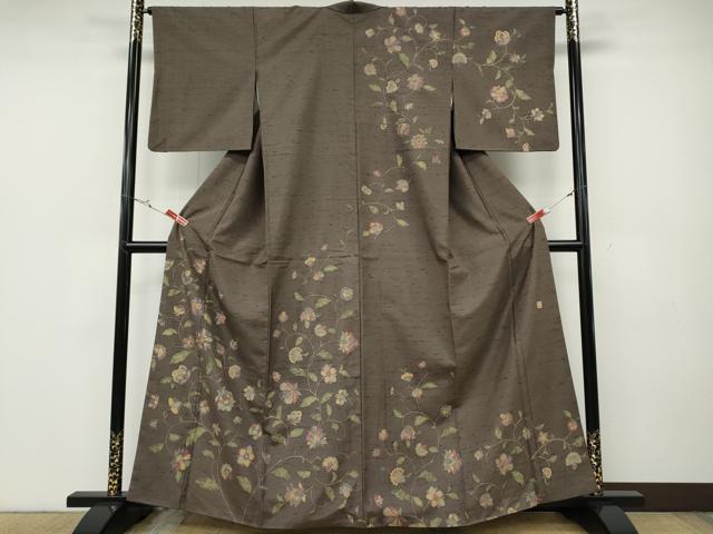 平和屋着物●石川県指定無形文化財　牛首紬　白山工房　手織り　訪問着　更紗蔦の葉花文　正絹　逸品　CABE6807ut