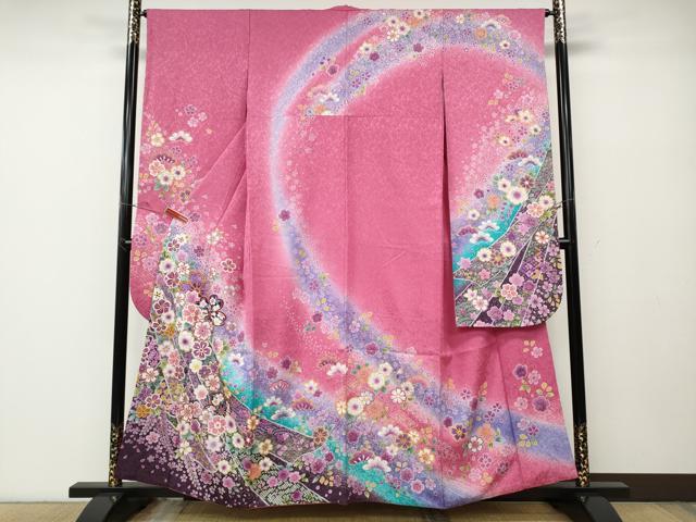 平和屋着物●豪華振袖　熨斗舞花文　暈し染め　銀通し地　京都きもの友禅　正絹　逸品　CABE6836ut