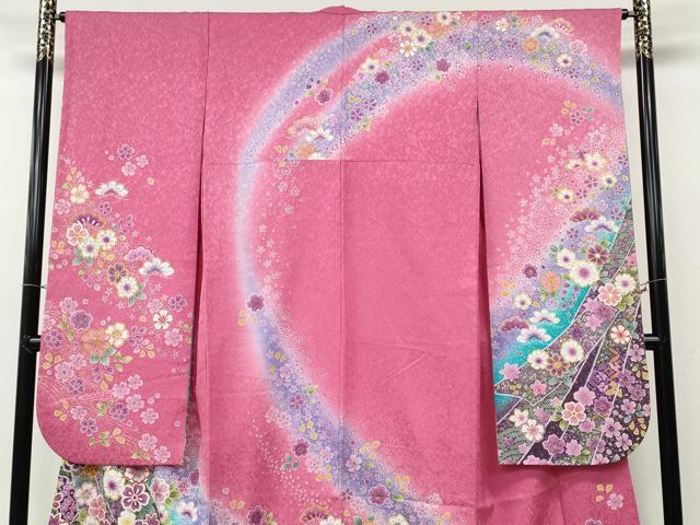 平和屋着物●豪華振袖　熨斗舞花文　暈し染め　銀通し地　京都きもの友禅　正絹　逸品　CABE6836ut