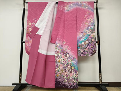 平和屋着物●豪華振袖　熨斗舞花文　暈し染め　銀通し地　京都きもの友禅　正絹　逸品　CABE6836ut