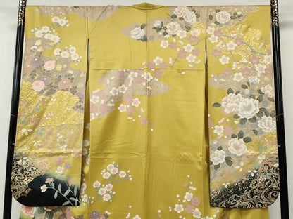 平和屋着物●豪華振袖　駒刺繍　道長草花文　暈し染め　金彩　正絹　逸品　CABE6837ut