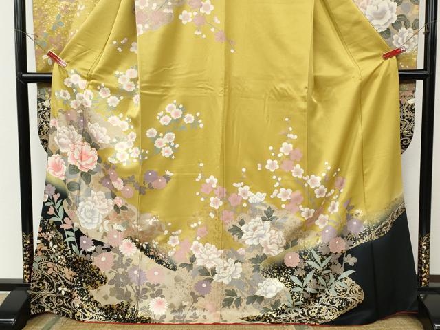 平和屋着物●豪華振袖　駒刺繍　道長草花文　暈し染め　金彩　正絹　逸品　CABE6837ut