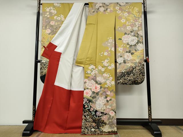平和屋着物●豪華振袖　駒刺繍　道長草花文　暈し染め　金彩　正絹　逸品　CABE6837ut