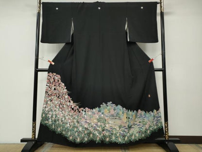 平和屋着物●豪華黒留袖　友禅　作家物　風景草花文　正絹　逸品　CABE6838ut