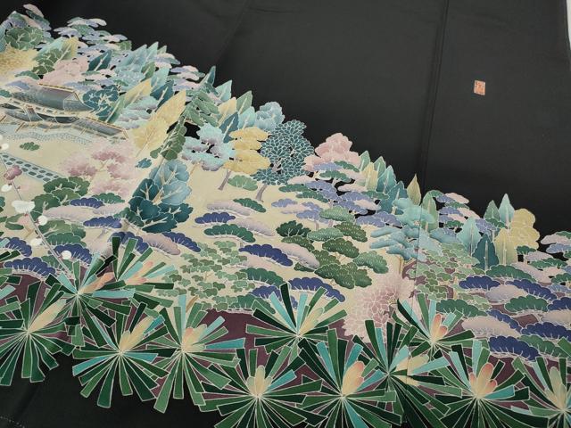 平和屋着物●豪華黒留袖　友禅　作家物　風景草花文　正絹　逸品　CABE6838ut