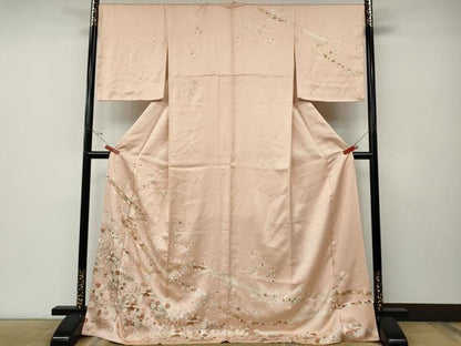 平和屋着物●訪問着　駒刺繍　熨斗籬草花文　金彩　ロング丈　正絹　逸品　CABE6845ut