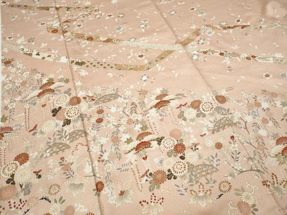平和屋着物●訪問着　駒刺繍　熨斗籬草花文　金彩　ロング丈　正絹　逸品　CABE6845ut