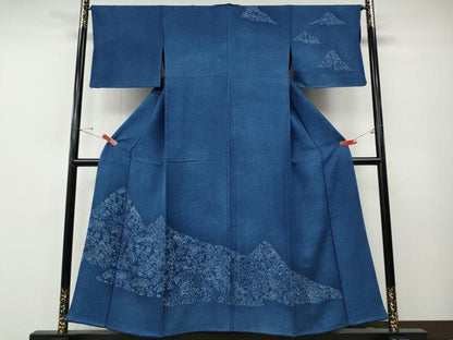 平和屋着物●無形文化財保持者　古庄理一郎　本藍染め　訪問着　吉祥花鳥文　正絹　逸品　CABE6846ut