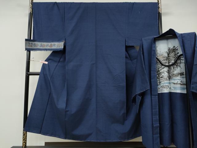 平和屋着物●男性　小千谷紬　アンサンブル　本真綿織　鉄紺色　反端付き　正絹　逸品　未使用　CABE6853ut