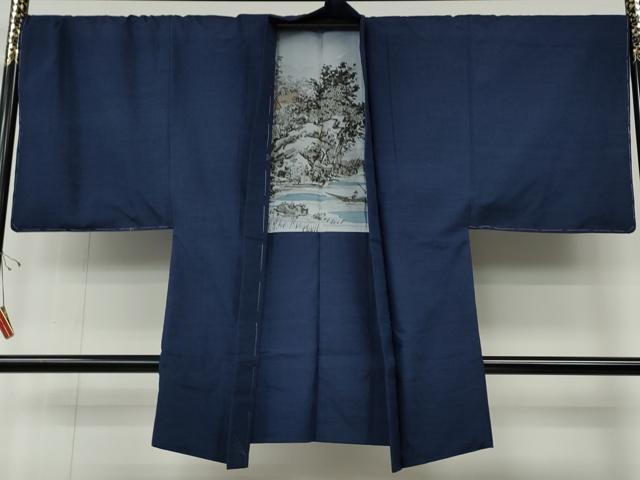 平和屋着物●男性　小千谷紬　アンサンブル　本真綿織　鉄紺色　反端付き　正絹　逸品　未使用　CABE6853ut