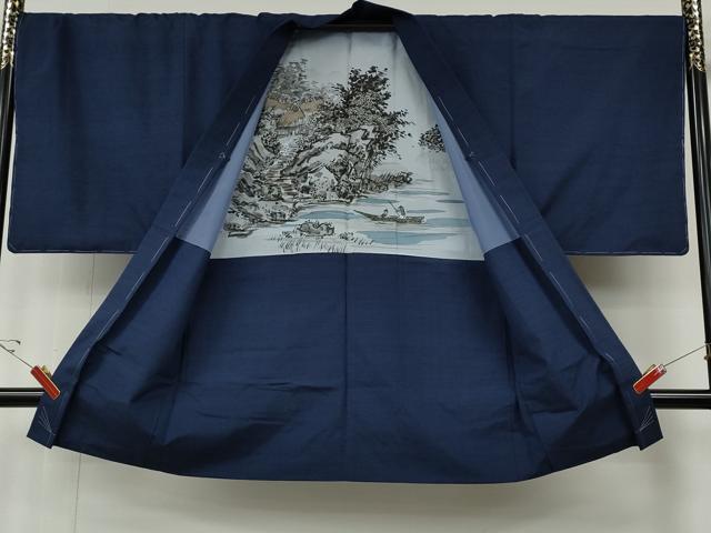 平和屋着物●男性　小千谷紬　アンサンブル　本真綿織　鉄紺色　反端付き　正絹　逸品　未使用　CABE6853ut