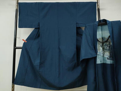 平和屋着物●男性　紬　アンサンブル　留紺色　正絹　逸品　CABE6858ut