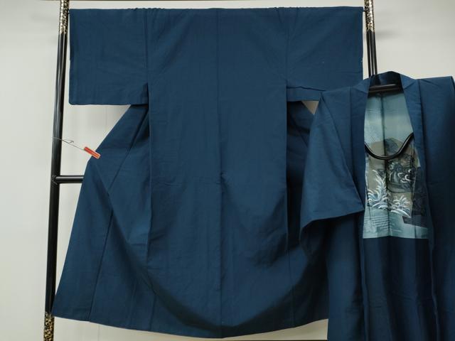 平和屋着物●男性　紬　アンサンブル　留紺色　正絹　逸品　CABE6858ut