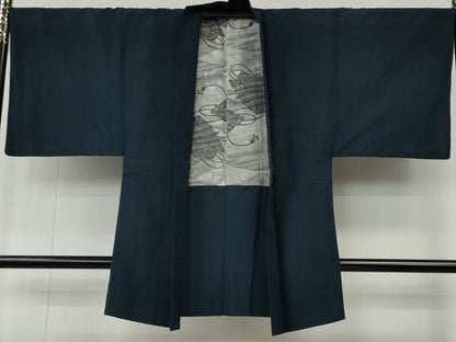 平和屋着物●男性　紬　アンサンブル　鉄御納戸色　正絹　逸品　CABE6860ut