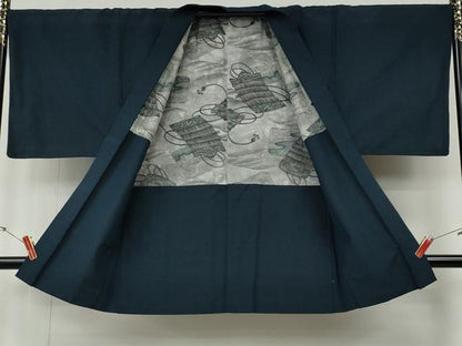 平和屋着物●男性　紬　アンサンブル　鉄御納戸色　正絹　逸品　CABE6860ut
