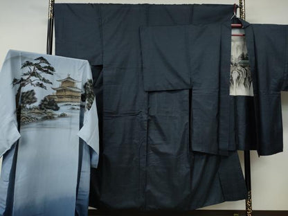 平和屋着物●男性　本場大島紬　アンサンブル　長襦袢セット　吉祥文　正絹　逸品　CABE6862ut