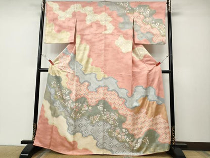 平和屋着物●訪問着　絞り　道長草花文　金彩　正絹　逸品　CABE6869ut
