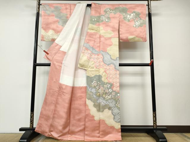 平和屋着物●訪問着　絞り　道長草花文　金彩　正絹　逸品　CABE6869ut