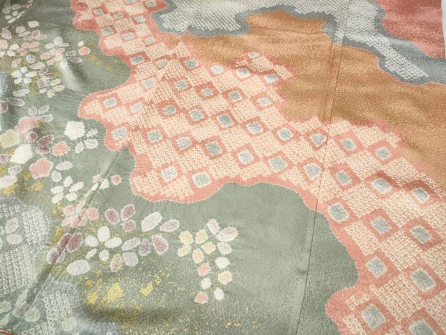 平和屋着物●訪問着　絞り　道長草花文　金彩　正絹　逸品　CABE6869ut