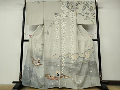 平和屋着物●訪問着　友禅　作家物　人物舟花文　たたき染め　正絹　逸品　CABE6875ut