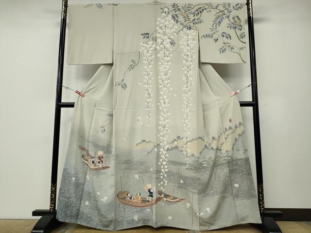 平和屋着物●訪問着　友禅　作家物　人物舟花文　たたき染め　正絹　逸品　CABE6875ut