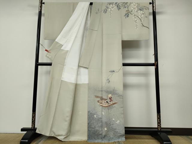 平和屋着物●訪問着　友禅　作家物　人物舟花文　たたき染め　正絹　逸品　CABE6875ut