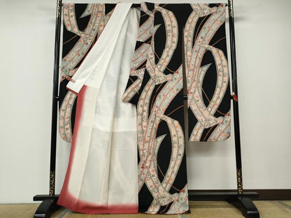 平和屋着物●豪華振袖　駒刺繍　熨斗草花文　黒地　金彩　正絹　逸品　CABE6879ut
