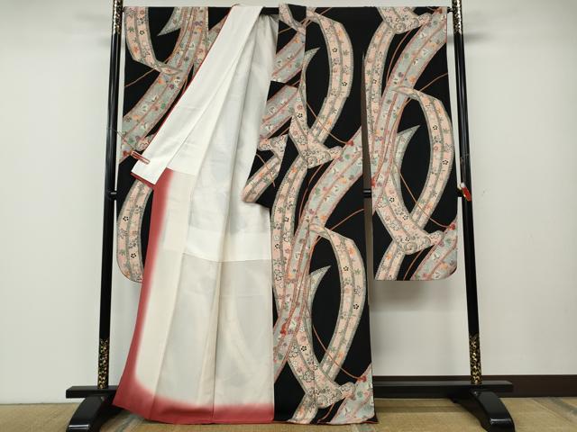平和屋着物●豪華振袖　駒刺繍　熨斗草花文　黒地　金彩　正絹　逸品　CABE6879ut