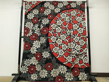 平和屋着物●豪華振袖　総絞り　舞花文　黒地　正絹　逸品　CABE6880ut