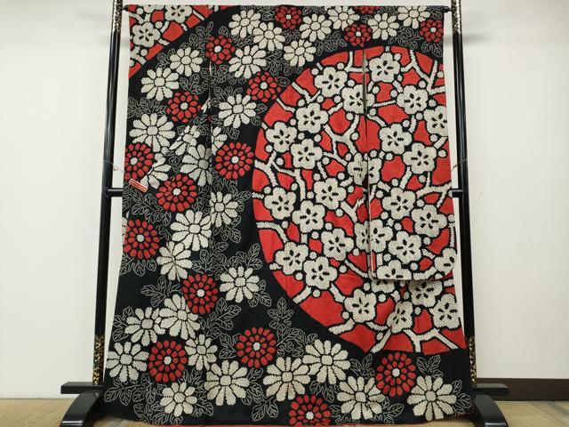 平和屋着物●豪華振袖　総絞り　舞花文　黒地　正絹　逸品　CABE6880ut