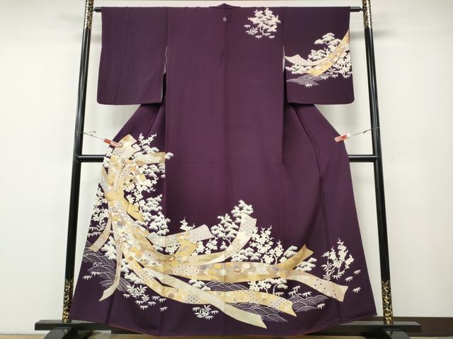 平和屋着物●訪問着　束ね熨斗草花文　金彩　鬼しぼ縮緬　正絹　逸品　CABE6889ut