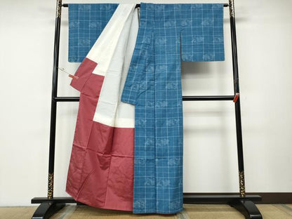 平和屋着物●上質な紬　格子吉祥花文　正絹　逸品　CABE6892ut