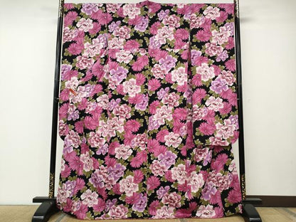 平和屋着物●豪華振袖　舞花文　黒地　金彩　正絹　逸品　CABE6893ut