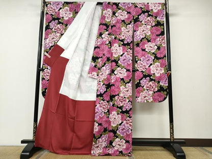 平和屋着物●豪華振袖　舞花文　黒地　金彩　正絹　逸品　CABE6893ut