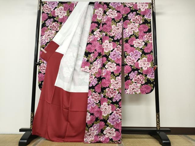 平和屋着物●豪華振袖　舞花文　黒地　金彩　正絹　逸品　CABE6893ut