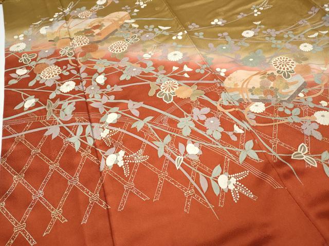 平和屋着物●訪問着　文箱枝花文　暈し染め　金彩　ロング丈　正絹　逸品　CABE6895ut 平和屋着物○訪問着 文箱枝花文 暈し染め 金彩 ロング
