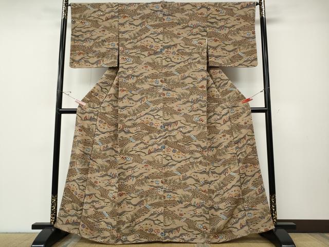 平和屋着物●上質な小紋　紅型　渡橋飛鶴草花文　鬼しぼ縮緬　正絹　逸品　未使用　CABE6898ut